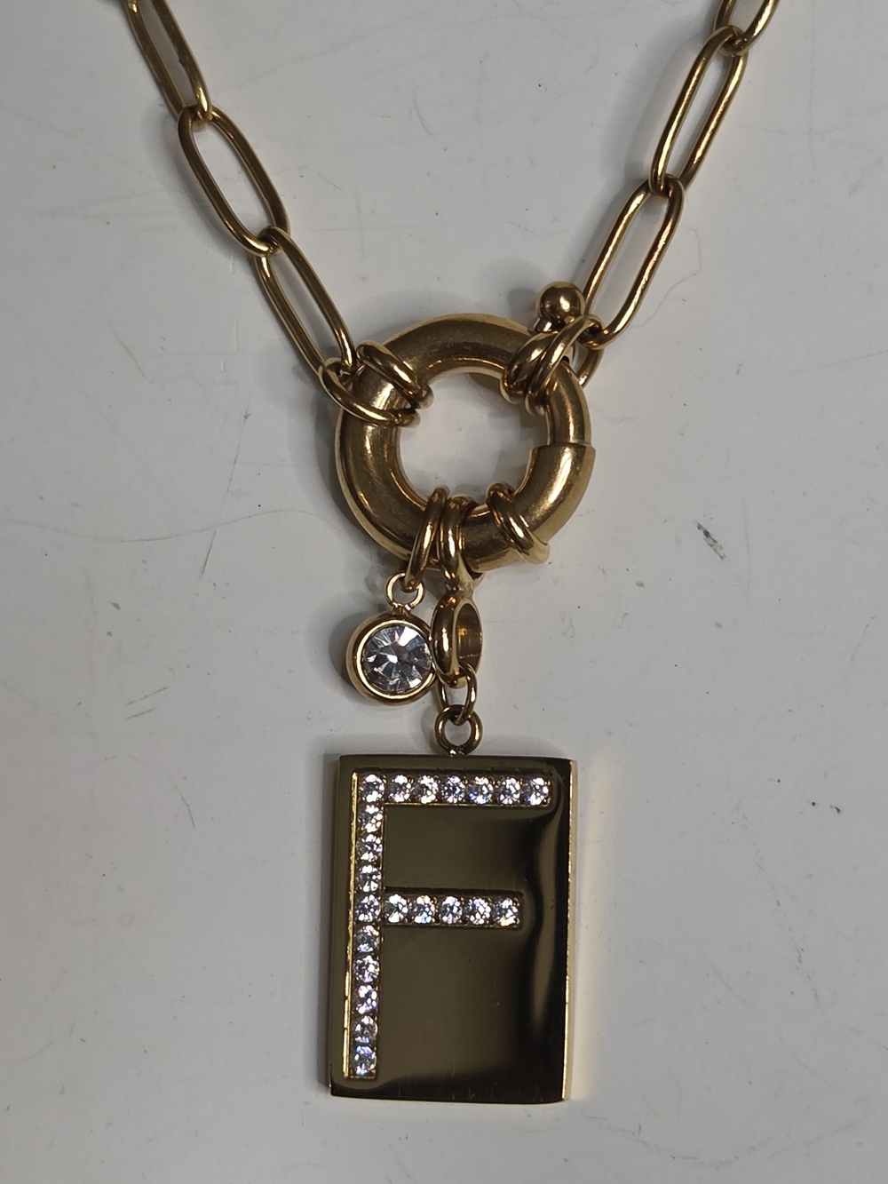 Gold Pave Inital 'F' Pendant Necklace with Crystal Accent Paperclip Chain 🔥